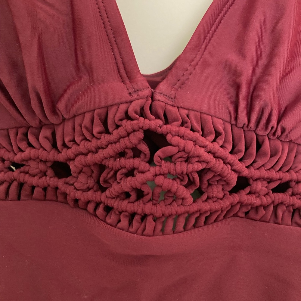 Burgundy one piece bathing suit, crochet detail, new with tags